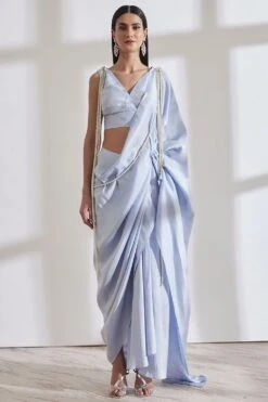 431-88 By Shweta Kapur Ice Blue Sari Set With Detachable Pearl Jacket