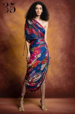 Saaksha & Kinni Blue Floral Printed & Micro Pleated Sari Dress