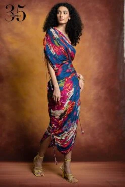 Saaksha & Kinni Blue Floral Printed & Micro Pleated Sari Dress -Inca Sales Store sk 229sk32 3