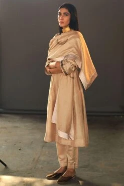 Shorshe Beige Chanderi Stole With Zardosi Embroidery -Inca Sales Store stl chand beg chnd 2