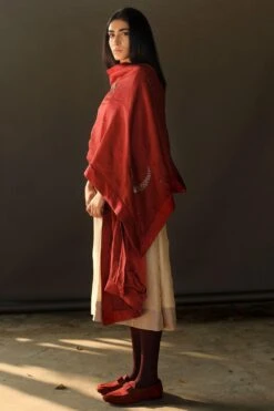 Shorshe Red Chanderi Stole With Zardosi Embroidery