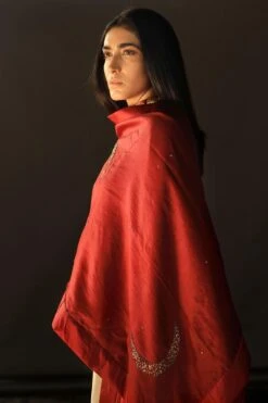 Shorshe Red Chanderi Stole With Zardosi Embroidery -Inca Sales Store stl chand rd chnd 3