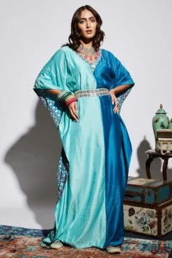 SVA Blue Half & Half Silk Kaftan With Belt -Inca Sales Store svaw21k05 2