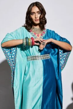 SVA Blue Half & Half Silk Kaftan With Belt -Inca Sales Store svaw21k05 3