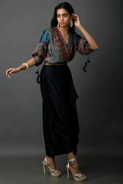 Prahnaaya Blue Embroidered Crop Top With Cowl Skirt -Inca Sales Store tbmatcl 2 1