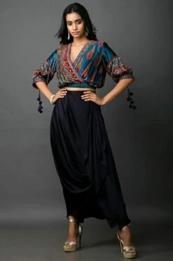 Prahnaaya Blue Embroidered Crop Top With Cowl Skirt -Inca Sales Store tbmatcl 3