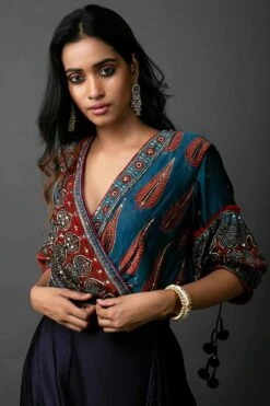 Prahnaaya Blue Embroidered Crop Top With Cowl Skirt -Inca Sales Store tbmatcl 5