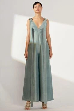 Twinkle Hanspal Teal Silk Jumpsuit With Exaggerated Belts