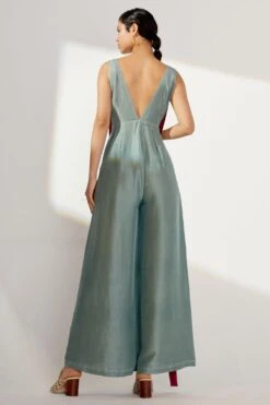 Twinkle Hanspal Teal Silk Jumpsuit With Exaggerated Belts -Inca Sales Store tgn03 3