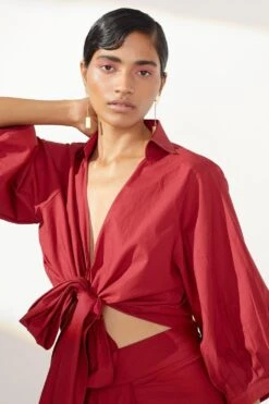 Twinkle Hanspal Scarlet Red Knotted Shirt & Draped Skirt -Inca Sales Store tgn10 4 1