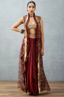 Torani Burgundy Bhagalpuri Printed Cape Set