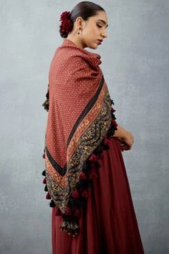 Torani Burgundy Printed Scarf With A Tassels -Inca Sales Store tr 1309tg29 3