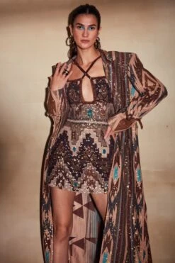 Nikita Mhaisalkar Tan Tapis Sheeted Halter Dress & Trench Coat -Inca Sales Store tt sf22 039 5