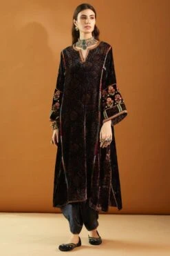 Sunira Designs Black Phiran Kurta With Embroidered Sleeves