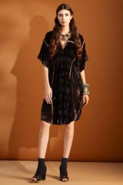 Sunira Designs Black Ajrak Hand-block Printed Velvet Kaftan