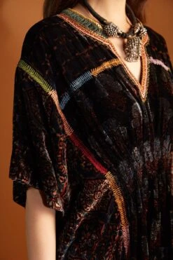 Sunira Designs Black Ajrak Hand-block Printed Velvet Kaftan -Inca Sales Store v2107c 5
