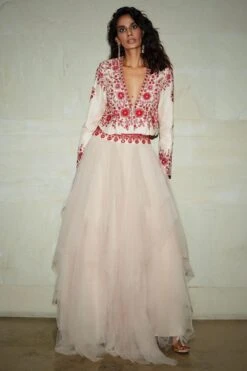 Varun Bahl Cameo Pink Tulle Skirt & Embroidered Jacket Set