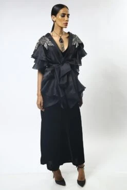 Varun Bahl Black Organza Cape Set With Embellished Shoulders