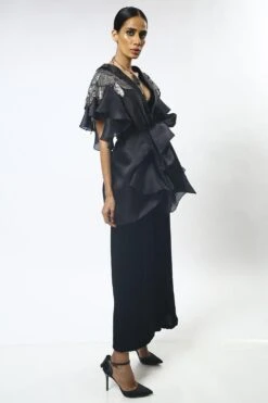 Varun Bahl Black Organza Cape Set With Embellished Shoulders -Inca Sales Store vb dc 20 tb c 09 3