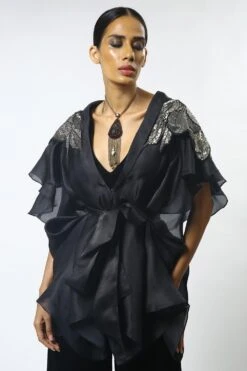 Varun Bahl Black Organza Cape Set With Embellished Shoulders -Inca Sales Store vb dc 20 tb c 09 4