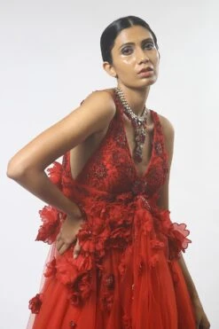 Varun Bahl Red Gown With Floral 3D Embroidery -Inca Sales Store vb dc 20 tb g 10 3