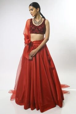 Varun Bahl Maroon Hand Embroidered Lehenga With Belt