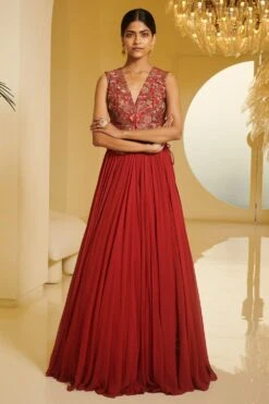 Varun Bahl Red Embroidered Vest & Lehenga Set