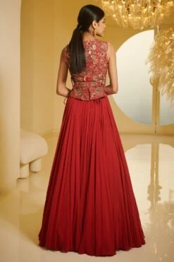 Varun Bahl Red Embroidered Vest & Lehenga Set -Inca Sales Store vbcw2020tbz 05 6