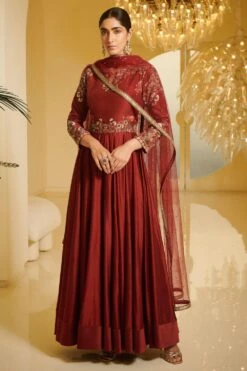 Varun Bahl Maroon Embroidered Anarkali Set
