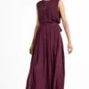 Three Wine Round Neck Top & Pleated Pants Set