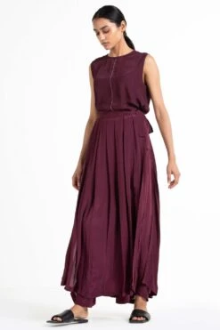 Three Wine Round Neck Top & Pleated Pants Set