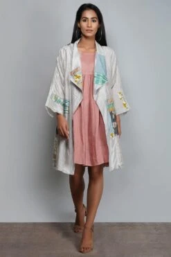 YAVI Silk Long Jacket With Patchwork Detail